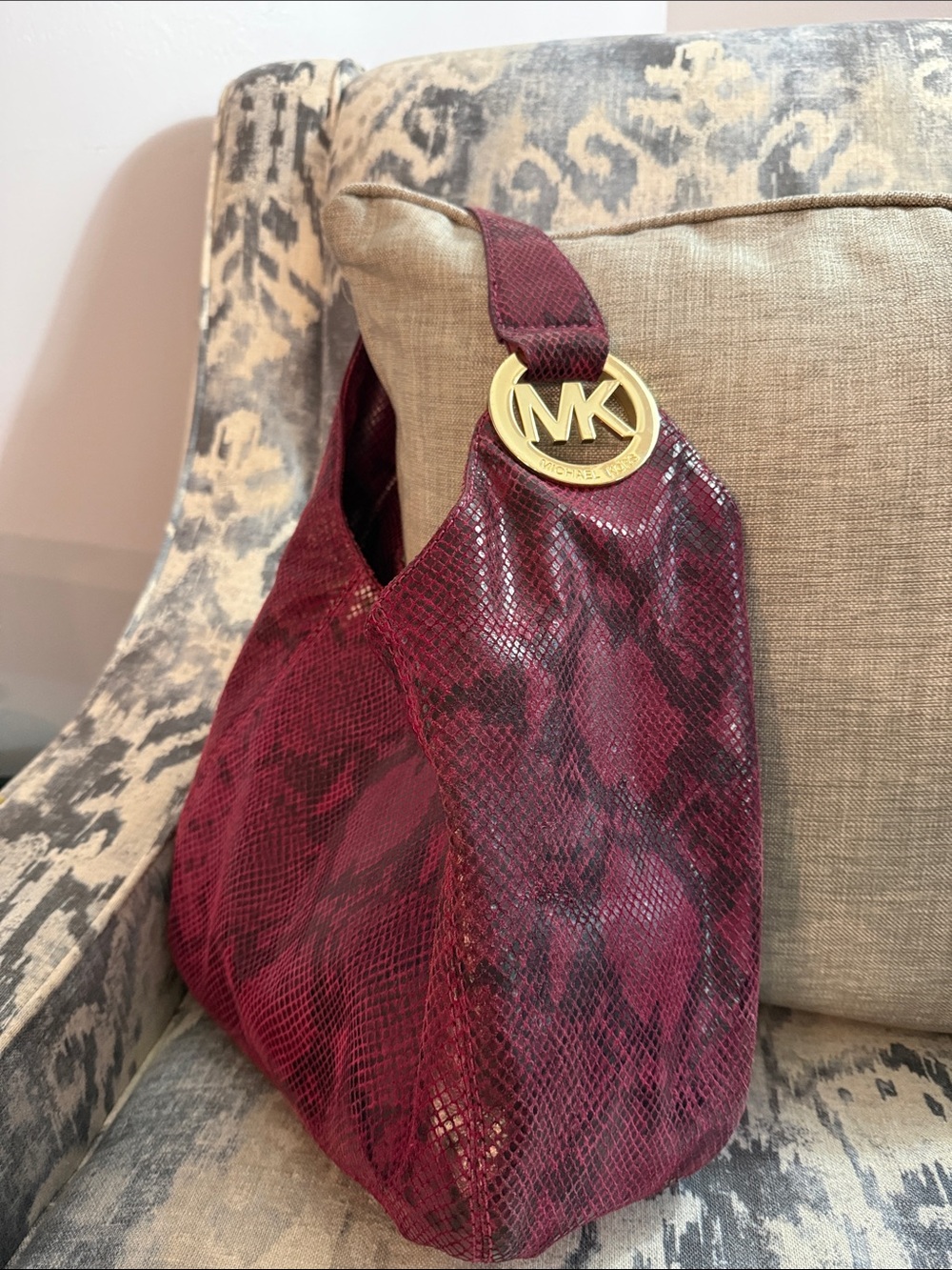 Michael Kors Wine Snake-Print Shoulder Hobo with Gold MK Charm